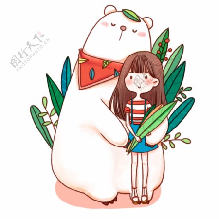 卡通彩绘白熊和女孩插画设计