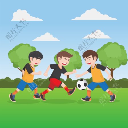 三个男孩踢足球