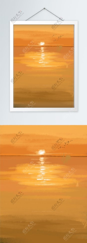 现代简约手绘油画海面夕阳装饰画