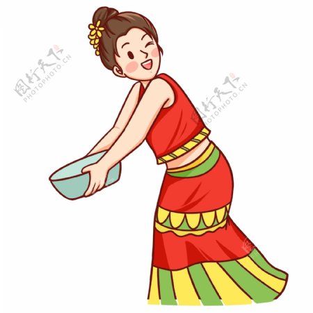 手绘泼水节一个傣族姑娘漫画设计