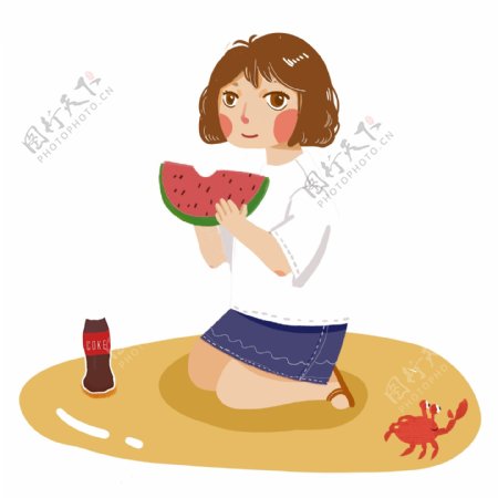 夏天女孩在沙滩上吃西瓜手绘