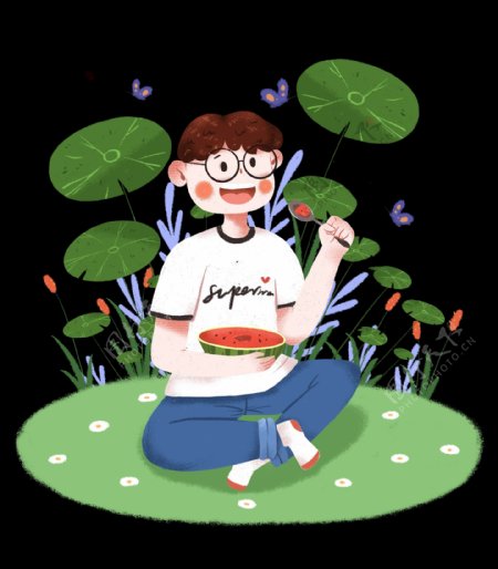 夏季吃西瓜的男生