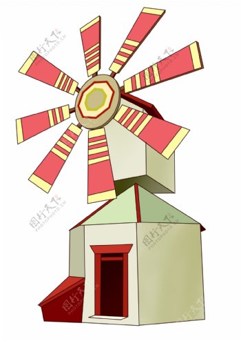 红色风车建筑插画