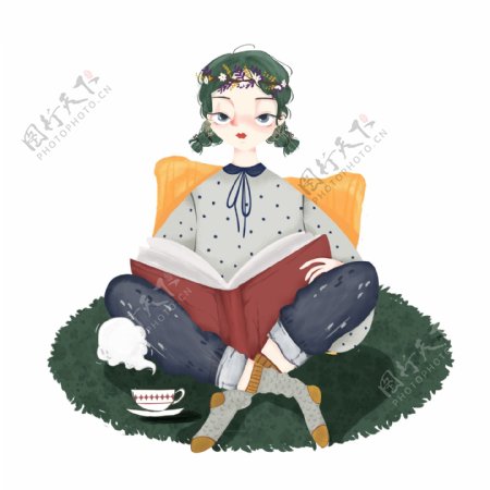 清新绿色地毯看书喝咖啡戴花环女孩手绘元素