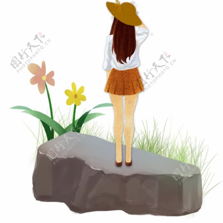 手绘站在礁石上的女孩插画设计