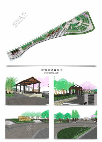 带状公园景观规划SU透视模型