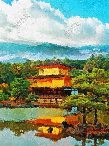 日本建筑阁楼富士山风景油画