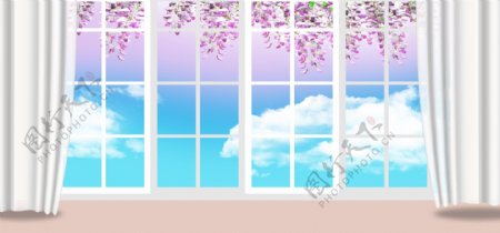 窗台落地窗窗户大气窗紫藤花蓝天白云背景