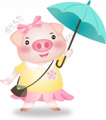 可爱小猪拟人卡通插画绘画矢量裙子撑伞萌宠