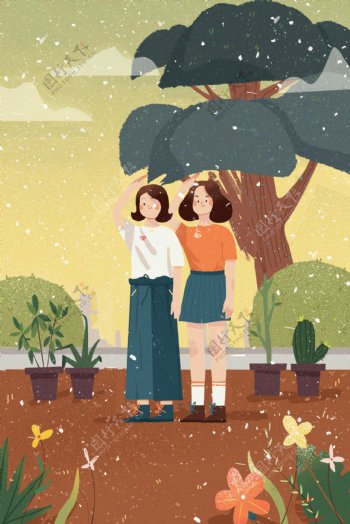 手绘卡通两个女孩在树下敬礼背景