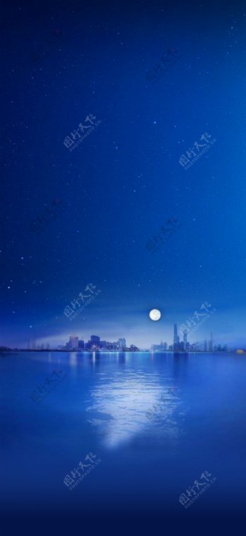 夜晚天空城市湖