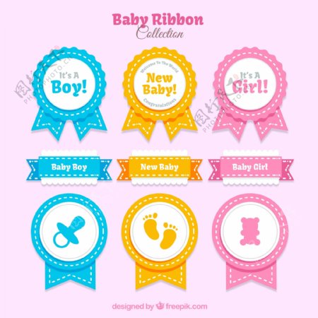 9款彩色婴儿丝带标签矢量素材