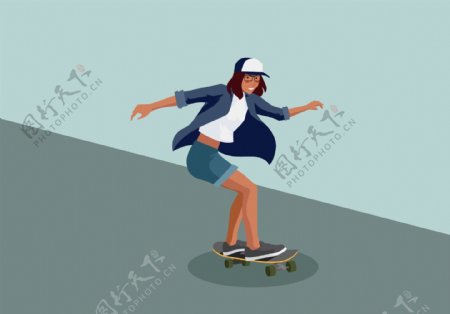 手绘戴帽子的女孩在玩滑板插画