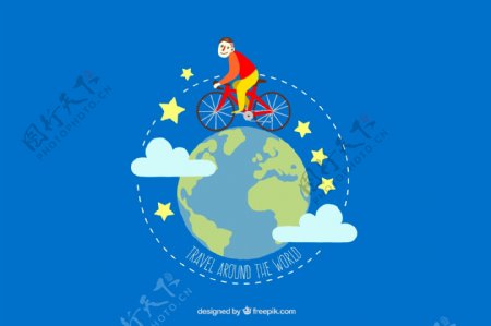 环绕地球骑自行车旅行的男子矢量