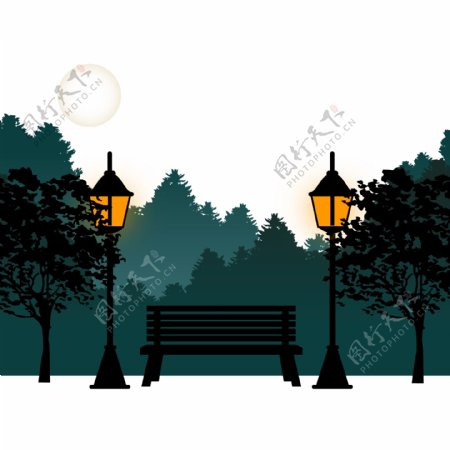 公园长椅路灯夜景