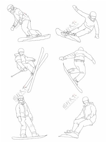 冬季旅游滑雪简约线条剪影插画