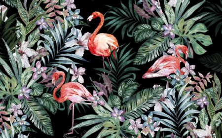 火烈鸟热带雨林东南亚壁画背景