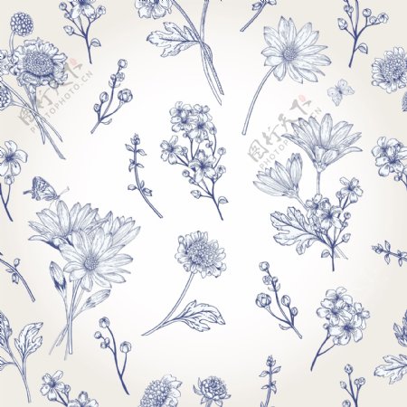 蓝色白描花朵