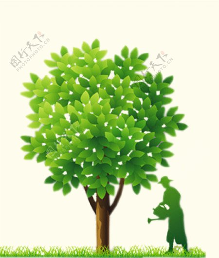 绿色人物剪影绿树浇水植树节元素