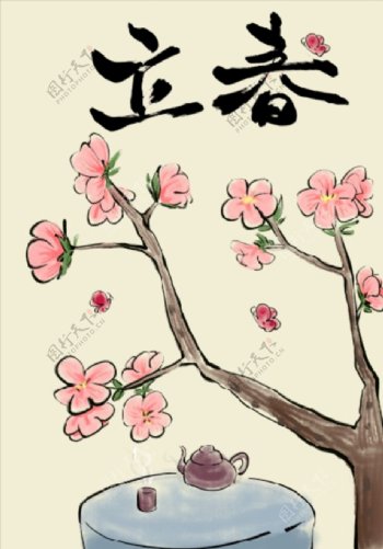 中式手绘立春梅花插画
