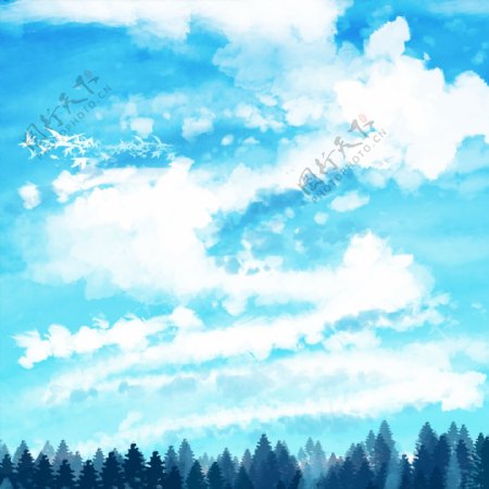 蓝色梦幻动漫天空树林背景