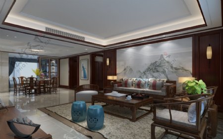 新中式客厅渲染图三维合