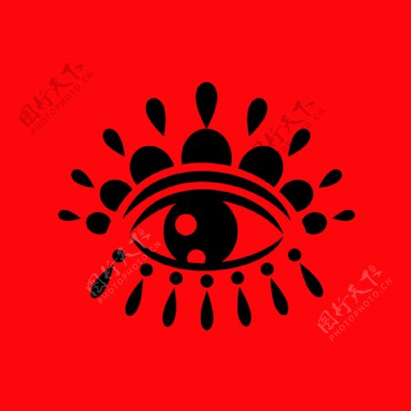 红底黑色抽象几何线条眼睛图案