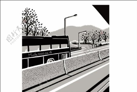 高速路上的大巴车黑白插画