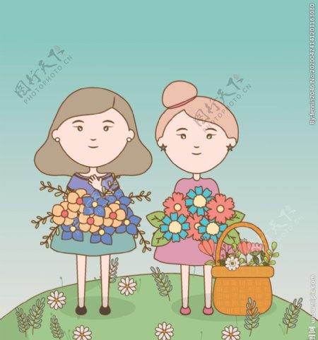 小女孩和花朵插画