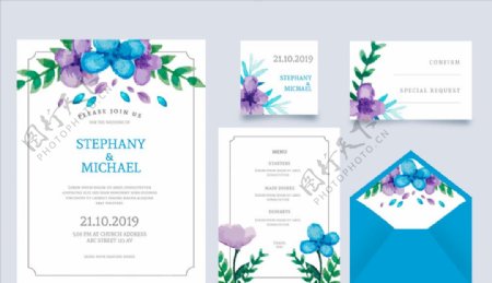蓝色花卉婚礼卡片