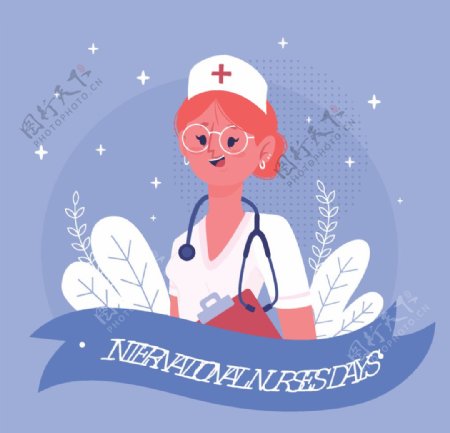 蓝色背景护士插画