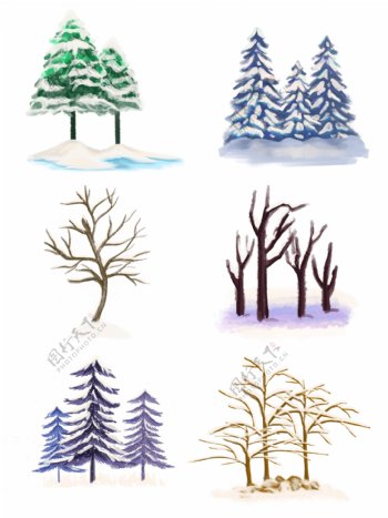 立冬雪景松树树干柏树雪花手绘