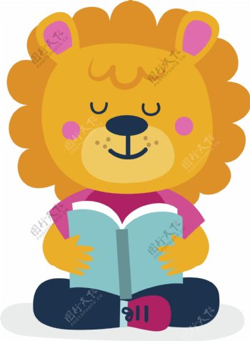 可爱卡通动物小狮子看书矢量
