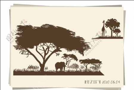 森林大象长颈鹿剪影