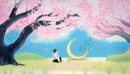 樱花树人物春季清新插画卡通背景