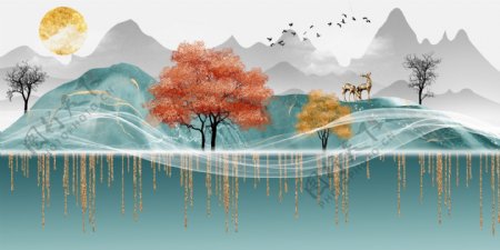 新中式鎏金麋鹿意境山水装饰画