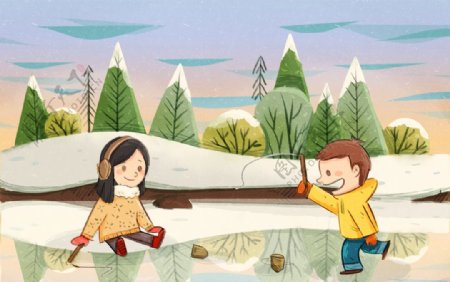 冰面冬季儿童插画卡通背景素材