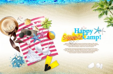 夏天海洋沙滩度假装备宣传海报