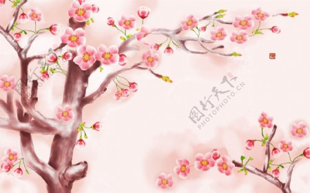 梅花迎春花粉红色装饰画背景墙