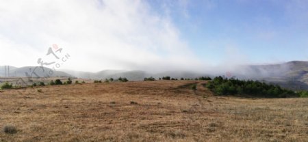 高山草坪云雾风景图片