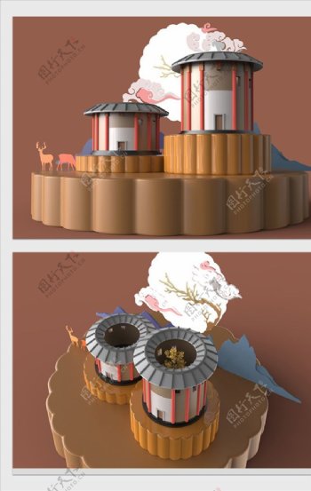 3D中秋节月饼美陈设计图片