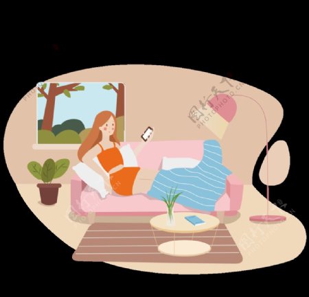 女孩躺在沙发上玩手机插画图片