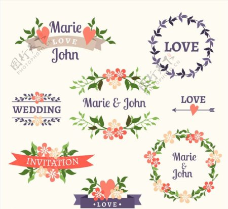 彩色婚礼花卉标签图片