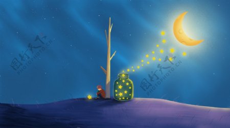 月亮蓝色梦幻插画卡通背景素材图片