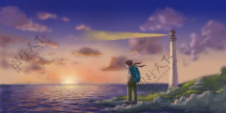 唯美日落海景插画图片
