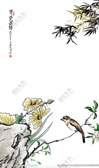 新中式花鸟竖版装饰画图片