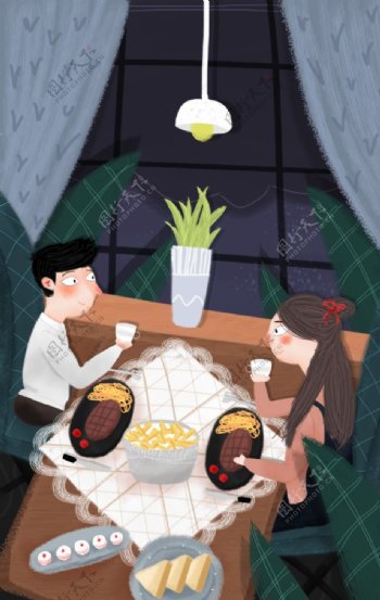 情侣晚餐清新插画卡通背景素材图片