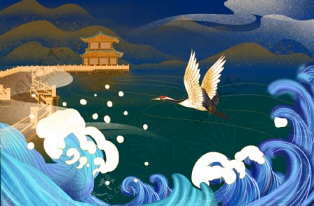 国潮风仙鹤海浪山水插画图片