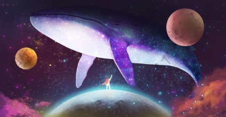 鲸鱼魔幻插画背景海报素材图片