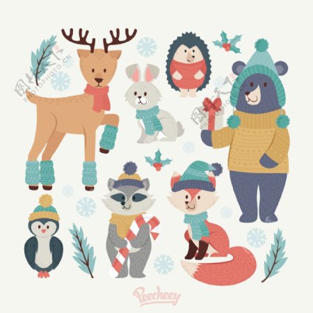 冬日动物矢量插画图片